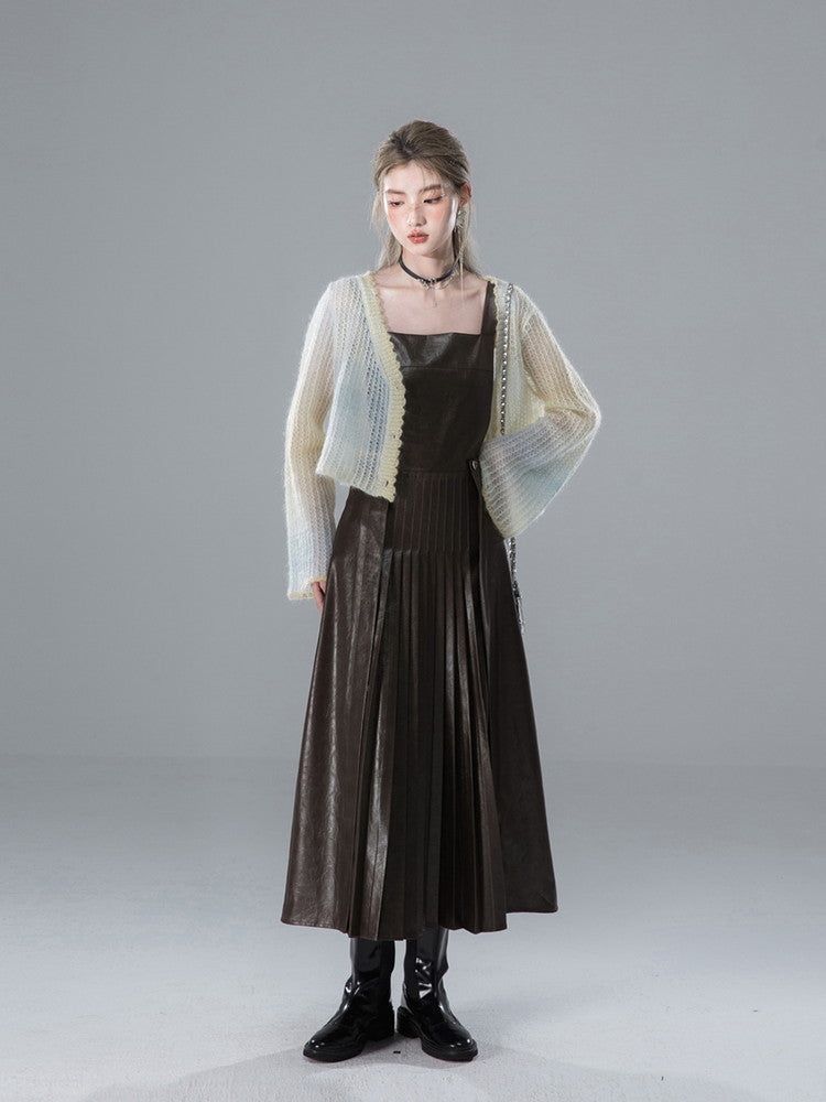 Flare-Sleeve V-Neck Short Sheer Mohair-Knit Cardigan