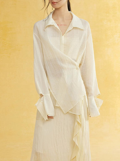 Side-Button Natural Sheer Oversuze Shirt