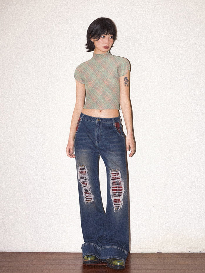 Crash Damage Wide-Leg Casual Denim Pants