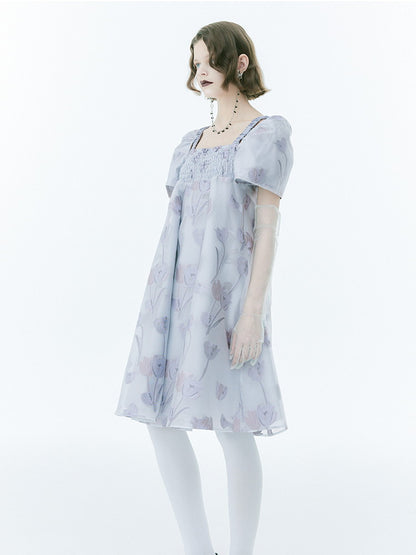 Flare Ciffon Puff-Sleeve Flower Sheer Square-Neck Dress