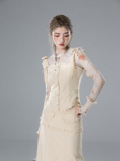 Vest&amp;Blouse＆Long-Skirt Frill Lace Suspenders Ribbon Set-Up