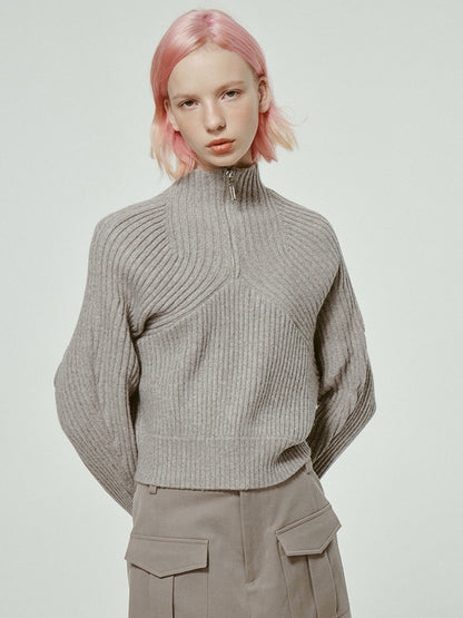 High-Neck Simple Plain Half-Zip Rib-Knit