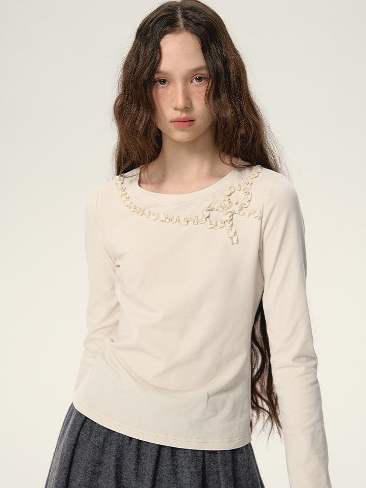 Ribbon Frill Round-Neck Natural Simple Cutsew