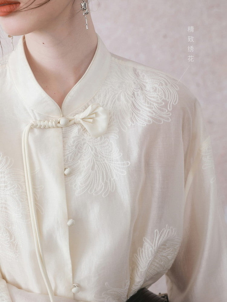 China Oversize See-Through Flower Embroidery Blouse