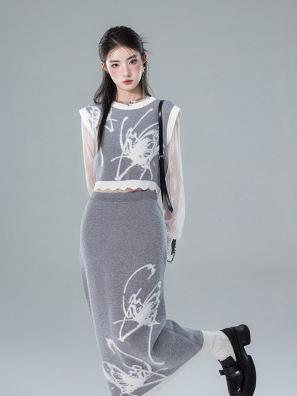 Vest&amp;Long-Skirt Knit Butterfly Retro Bi-Color Set-Up