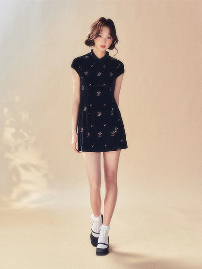 Velvet Short Embroidery Flower China Puff-Sleeve Dress