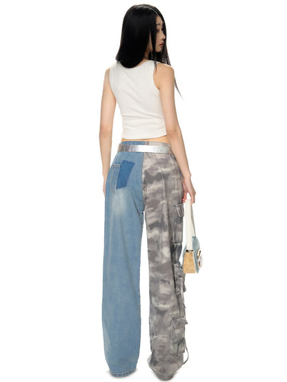 Mix Denim Unique Half-Design Cargo-Pants Wide-Pants