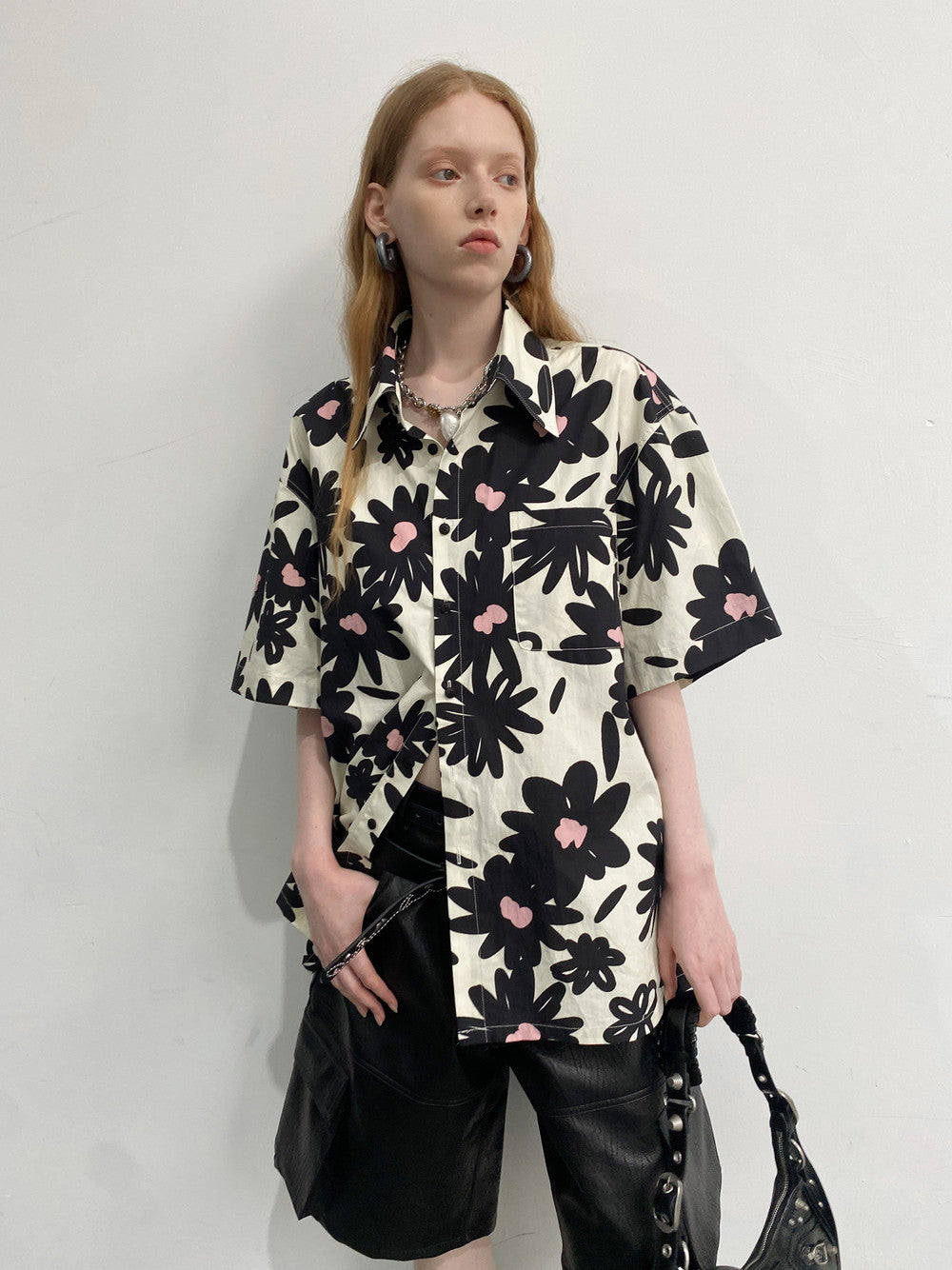 Unisexe Flower Monochrome Retro Oversize Oversize Shirt