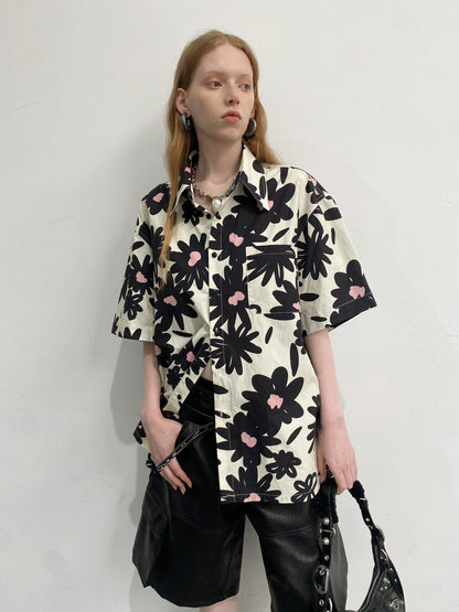 Unisex Flower Monochrome Retro Oversize Shirt