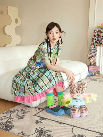 Checked Embroidery Bear Animal Tiered Fancy Flare-Skirt