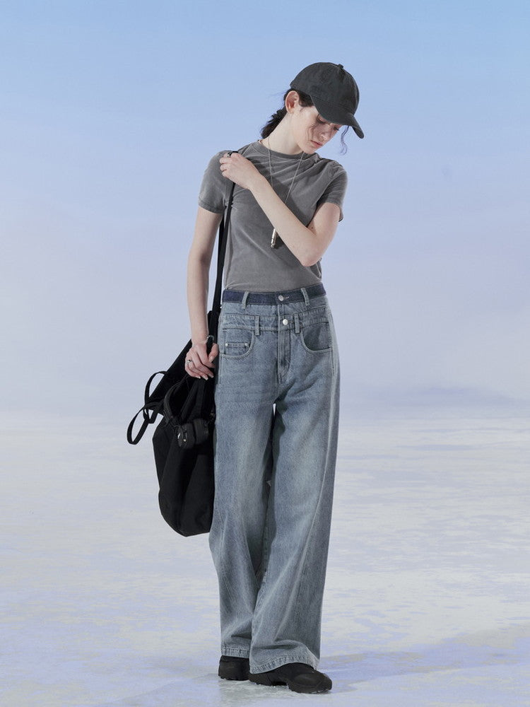 Denim Straight Washed Loose Casual Plain Pants