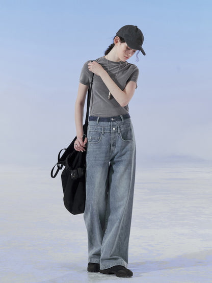 Denim Straight Washed Loose Casual Plain Pants