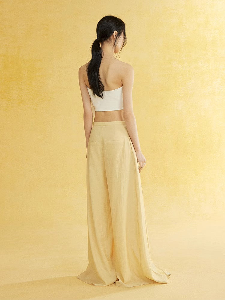 Natural Slit Wide-Leg Wrinkled Plain Flare-Pants