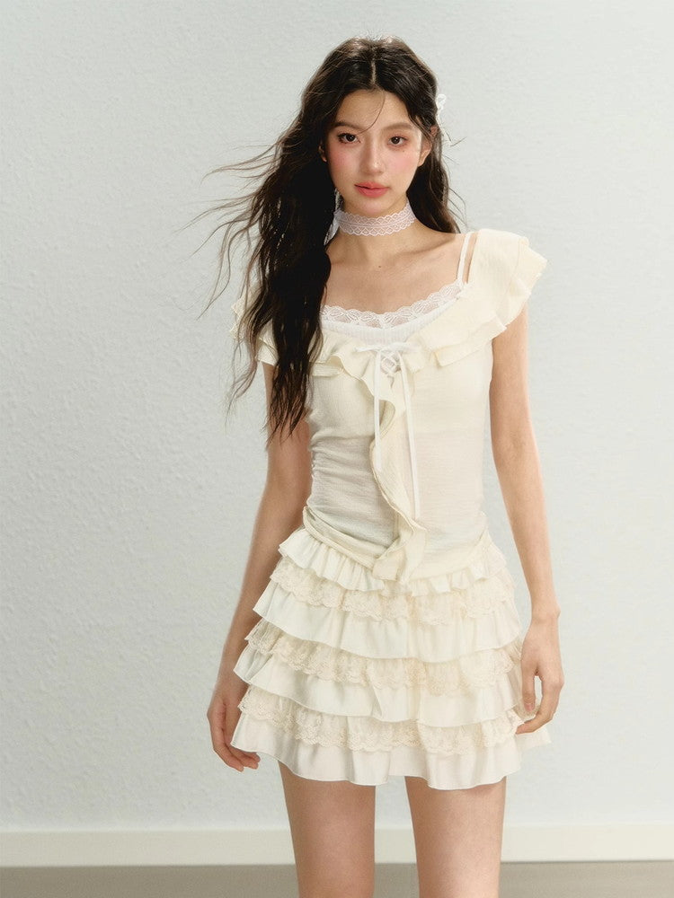 Off-Shoulder Lace 2Way Ruffle Tops