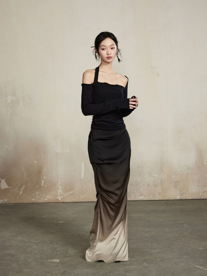 Gradation Classy Slim Drape Deep-Slit Elegant Tops&amp;Long-Skirt