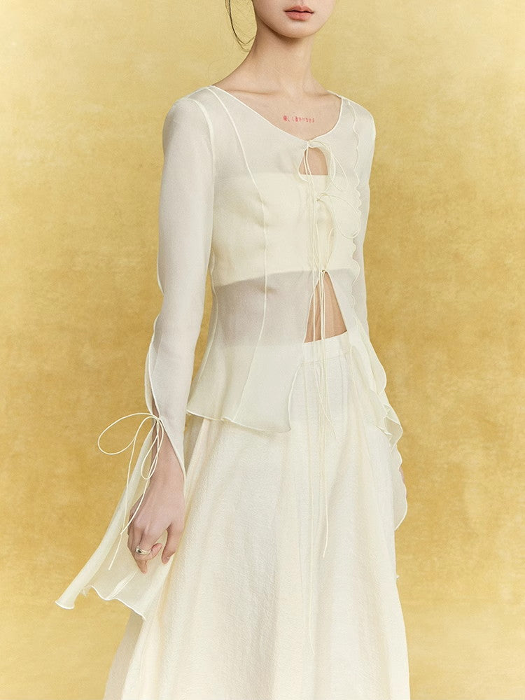 See-Through Ruffle Frill Flare-Sleeve Simple Natural Tops