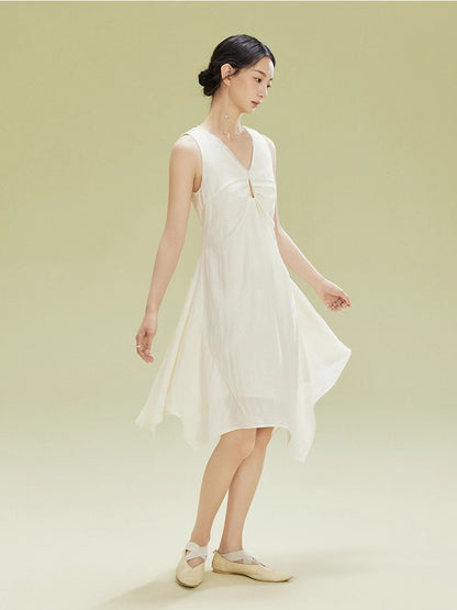 Twist Bo-Sleeve Gather Asymmetry Sheer Dress