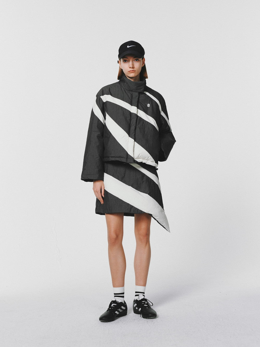 Asymmetry Cotton Quilting Monotone Jacket&amp;Skirt