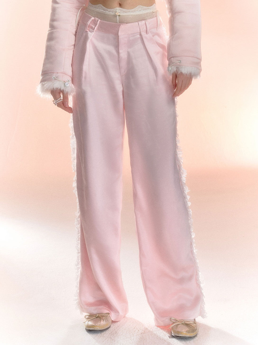 Satin Flower Plain Side-Frill Casual Straight Pants