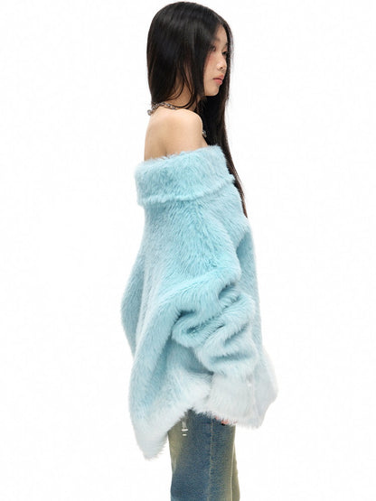 Gradation Fluffily Off-Shoulder Loose Loose Mohair-Knit