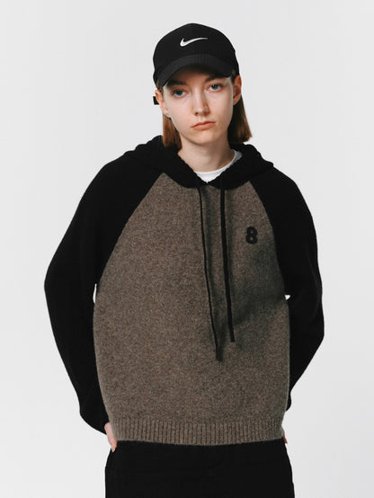 Knit Hoddie Bi-Color Simple Parlka Wool-Tops