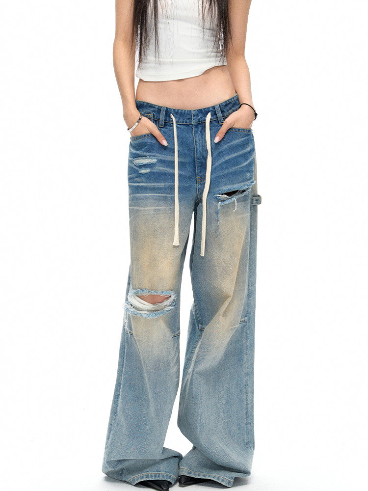 Damage Crush Straight Loose Wide Faded Denim-Pants