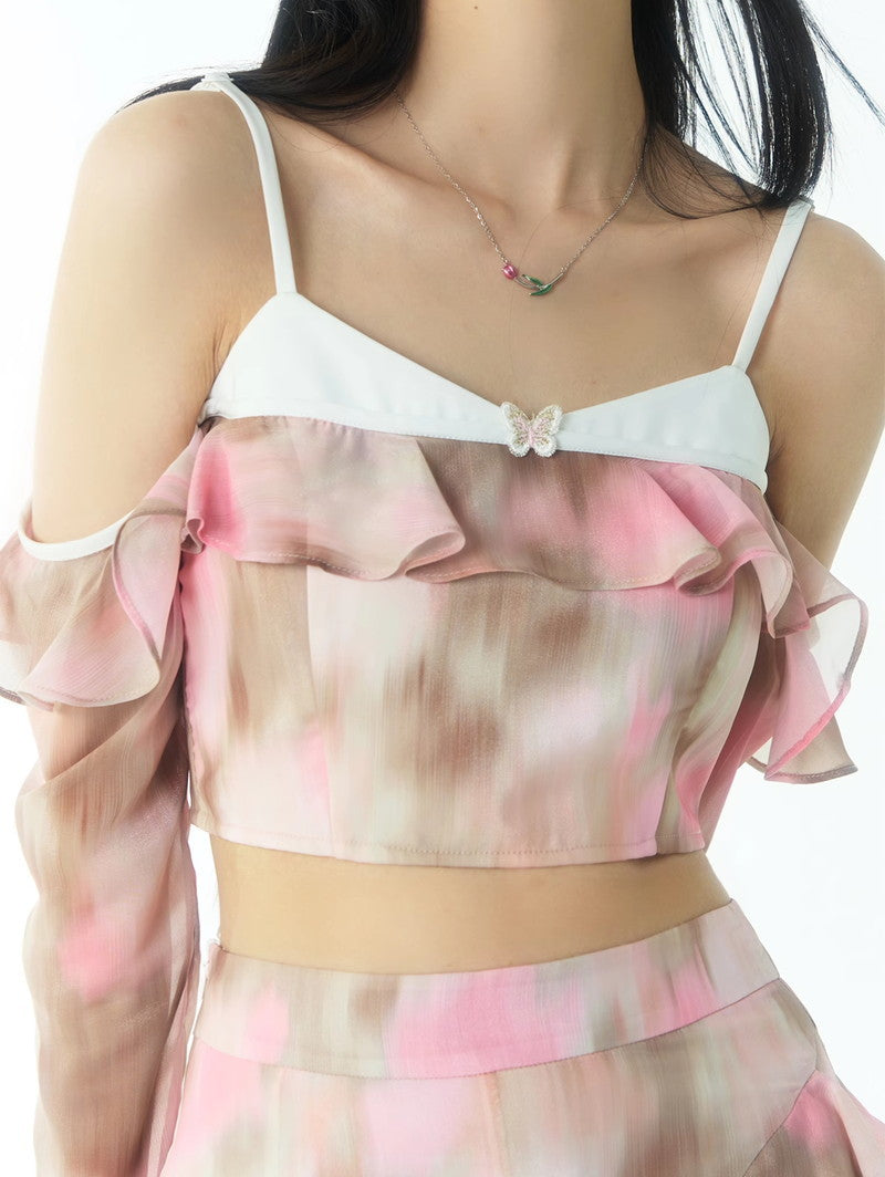 Tie-Dye Sheer Fake-Off-Shouler Ruffle Gather Watercolor Tops