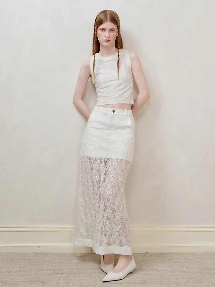 Lace H-Line Sheer Flower Embroidery Feminine Long-Skirt