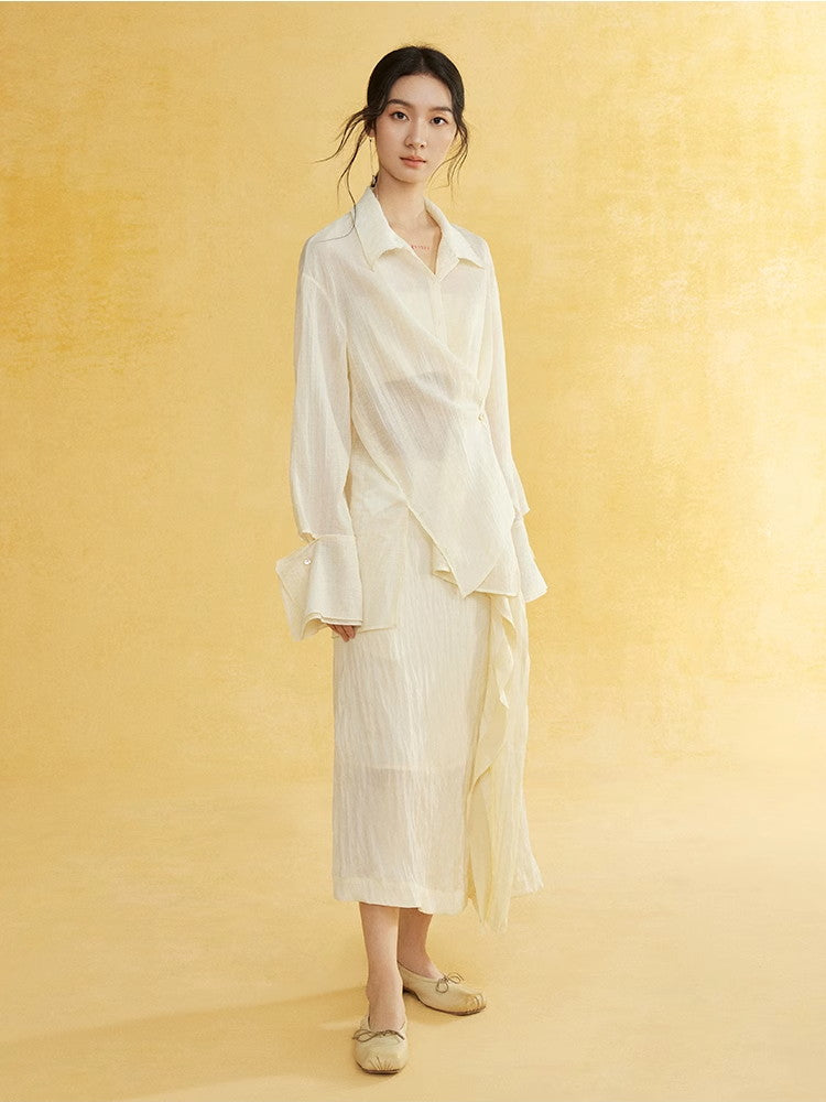 Side Button Natural Sheer Overpresse-Shirt