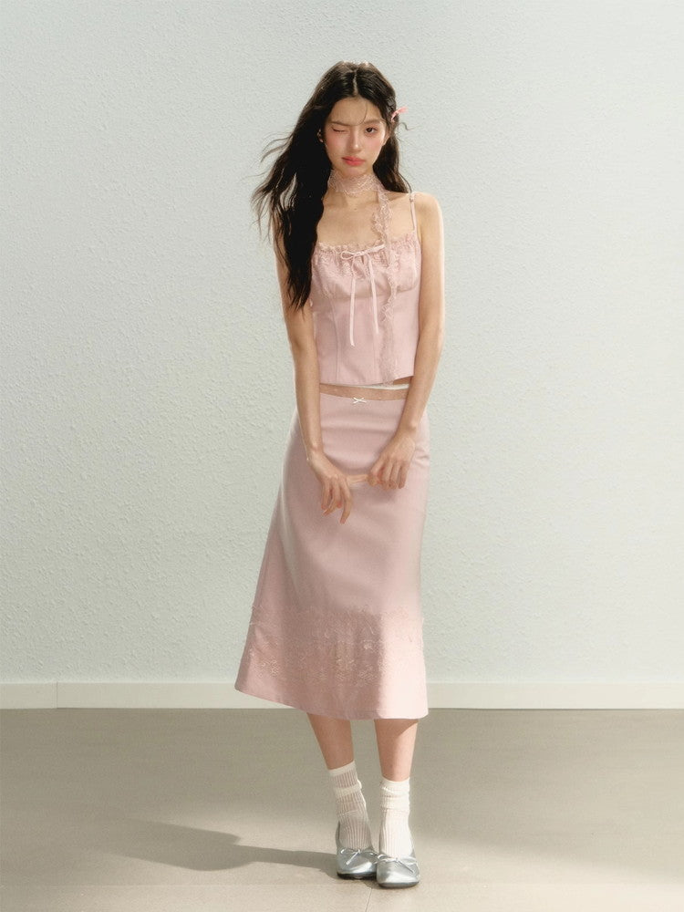 Set-Up Lace Ribbon Feminine Camisole＆Long-Skirt