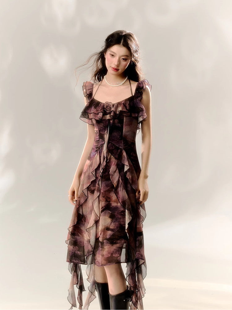 Ciffon Asymmetry Ruffle Long Dress