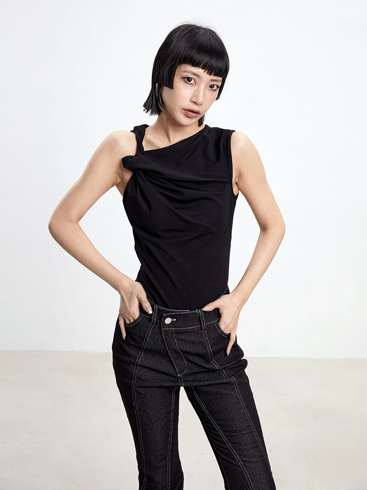 One-Shoulder Tight Cross Nichi Sleeveless Tops