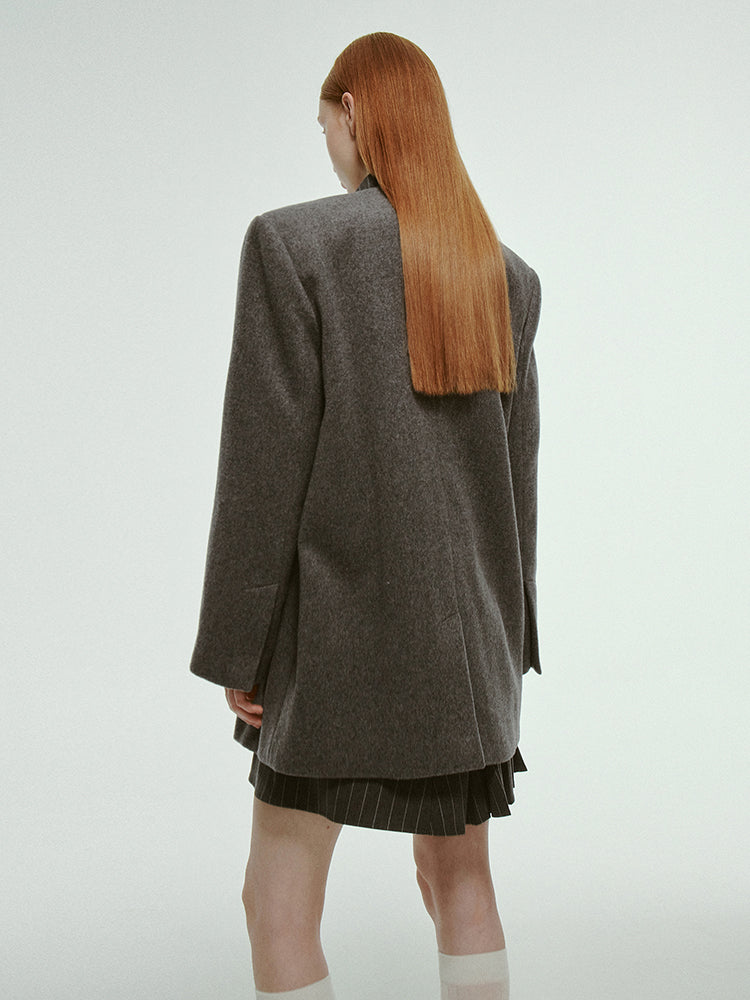 No-Collar V-Neck Oversize Plain Wool Jacket