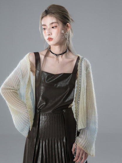 Flare-Sleeve V-Neck Short Sheer Mohair-Knit Cardigan