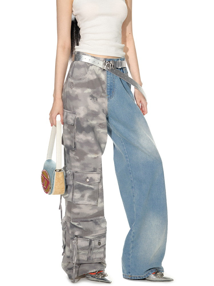 Mix Denim Unique Half-Design Cargo-Pants Wide-Pants