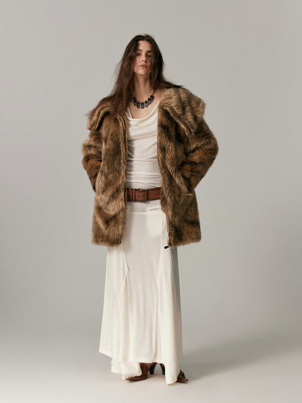 Elegant Long Occasion High-End Big-Collar Fur-Coat