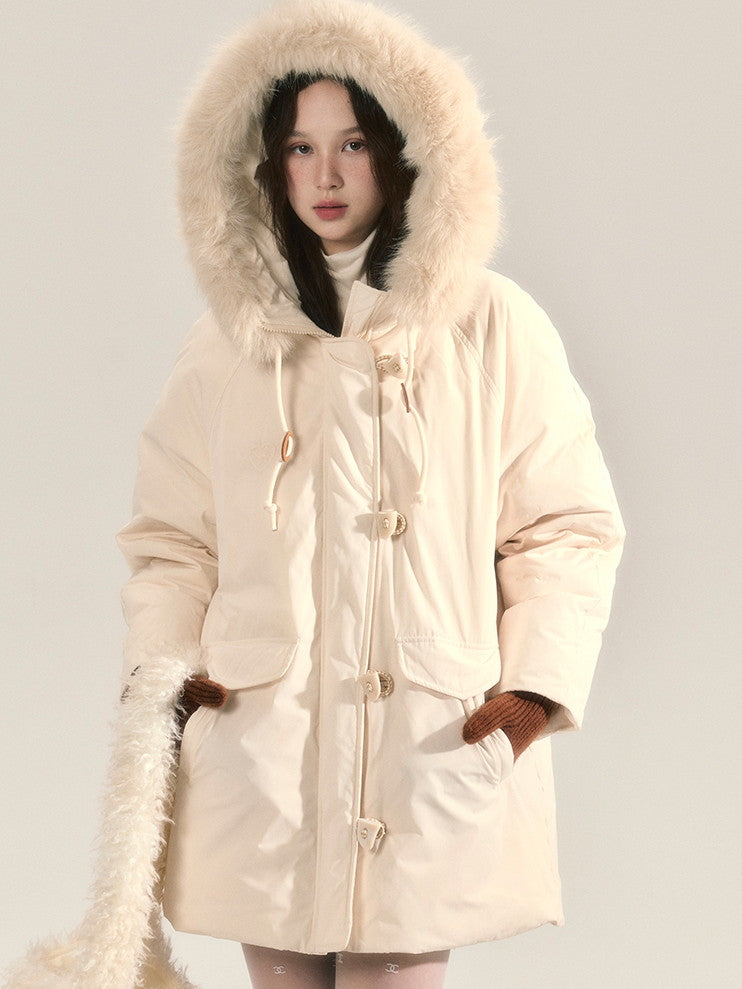 Fur Hoodie Long-Coat Warm Quilting Down-Coat