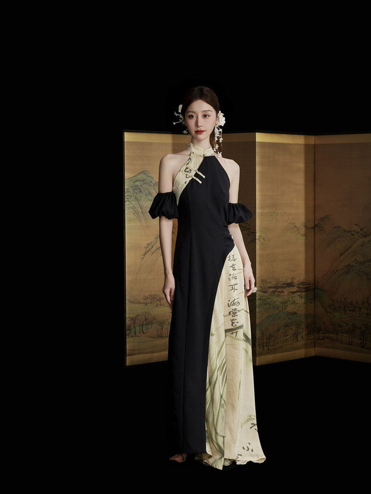 Japanese American-Sleeve Watercolor Retro Long Dress