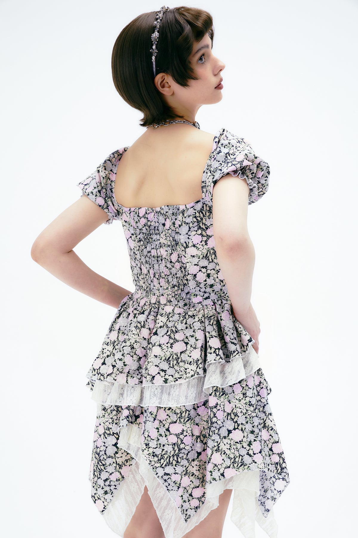 Puff-sleeve Ribbon Flower Lace Sweet Princess One-Piece