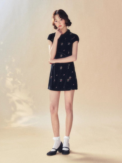 Velvet Short Embroidery Flower China Puff-Sleeve Dress