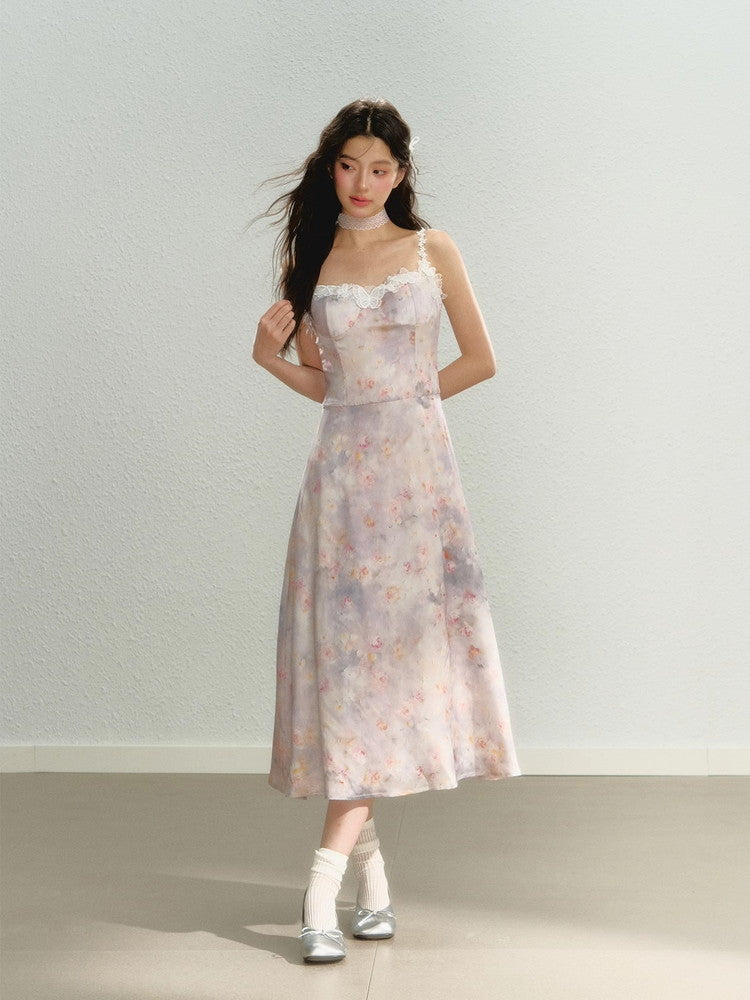 Flower Pale-Tone Lace Butterfly Camisole Dress