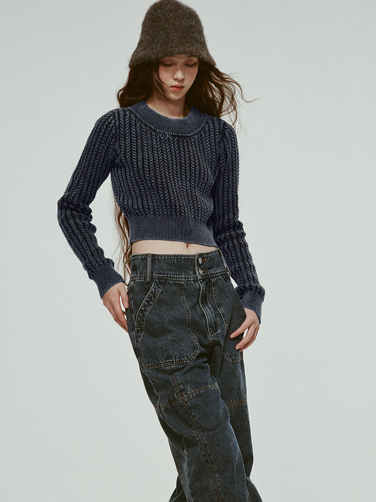 Denim-Blue Short Cable-Knit Retro Round-Neck Tops