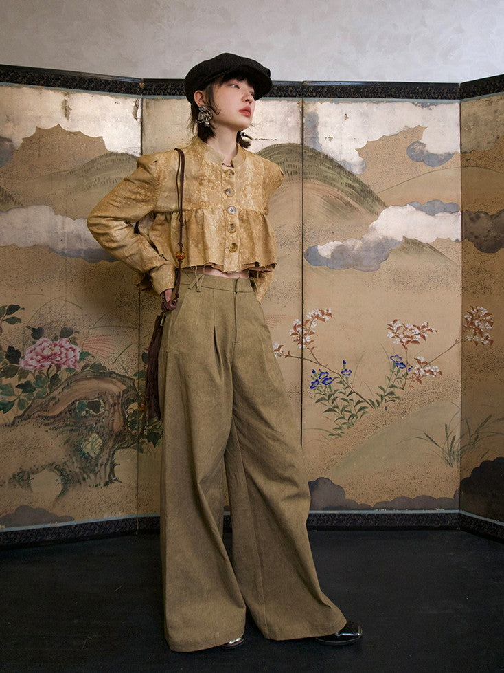 High-Waist Natural Loose Plain Wide-Pants