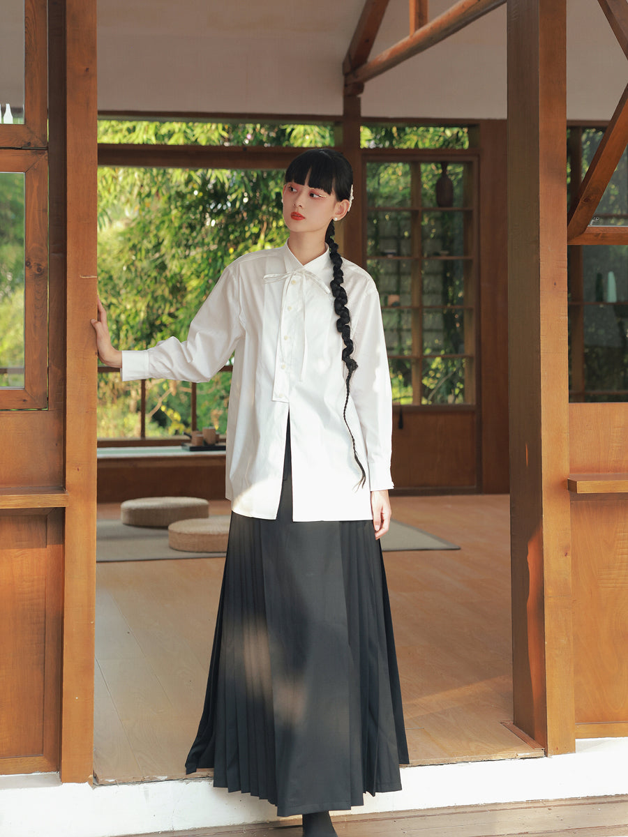 Nichi-Button Ribon Tie Oversize Flare Shirt