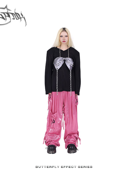 Glossy Metallic Drawstring Vasual Wide-Pants