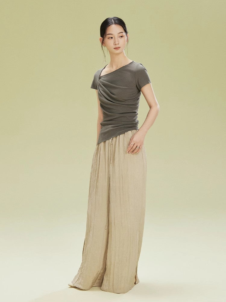 Crumply Wrinkled Casual Loose Relax Wide-Pants