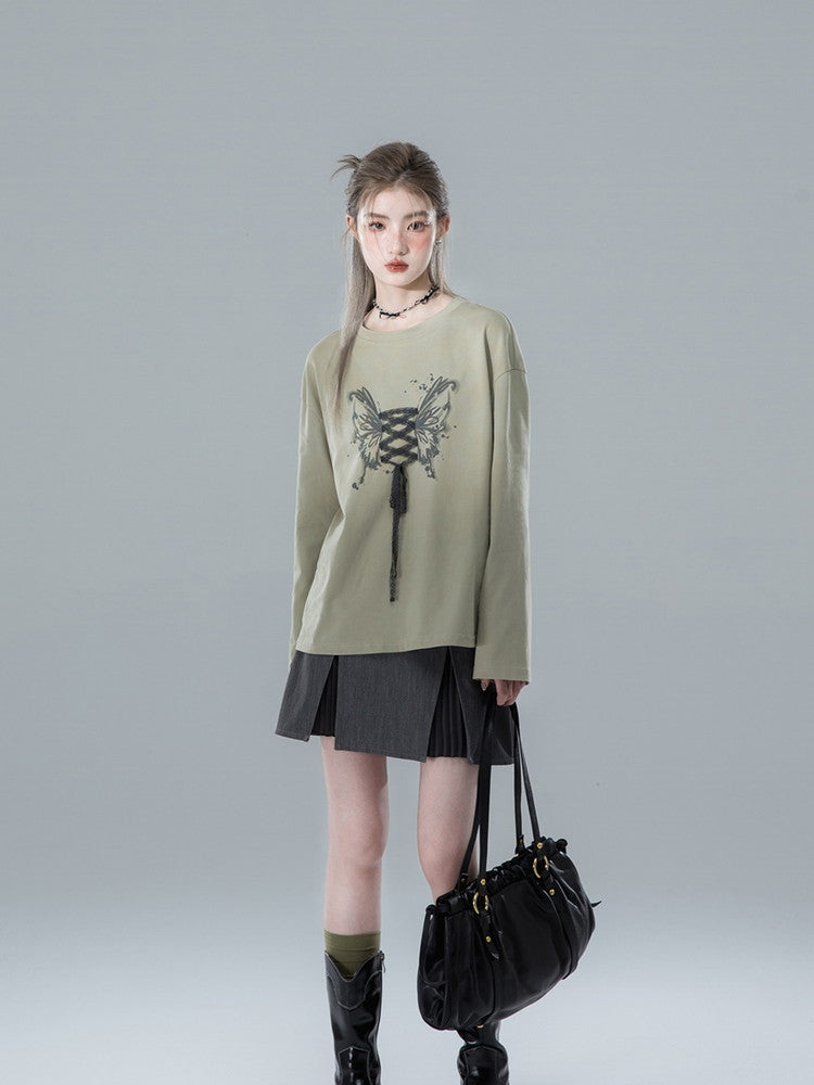 Lace Butterfly Crew-Neck Casual Ovresize Long-T-Shirt