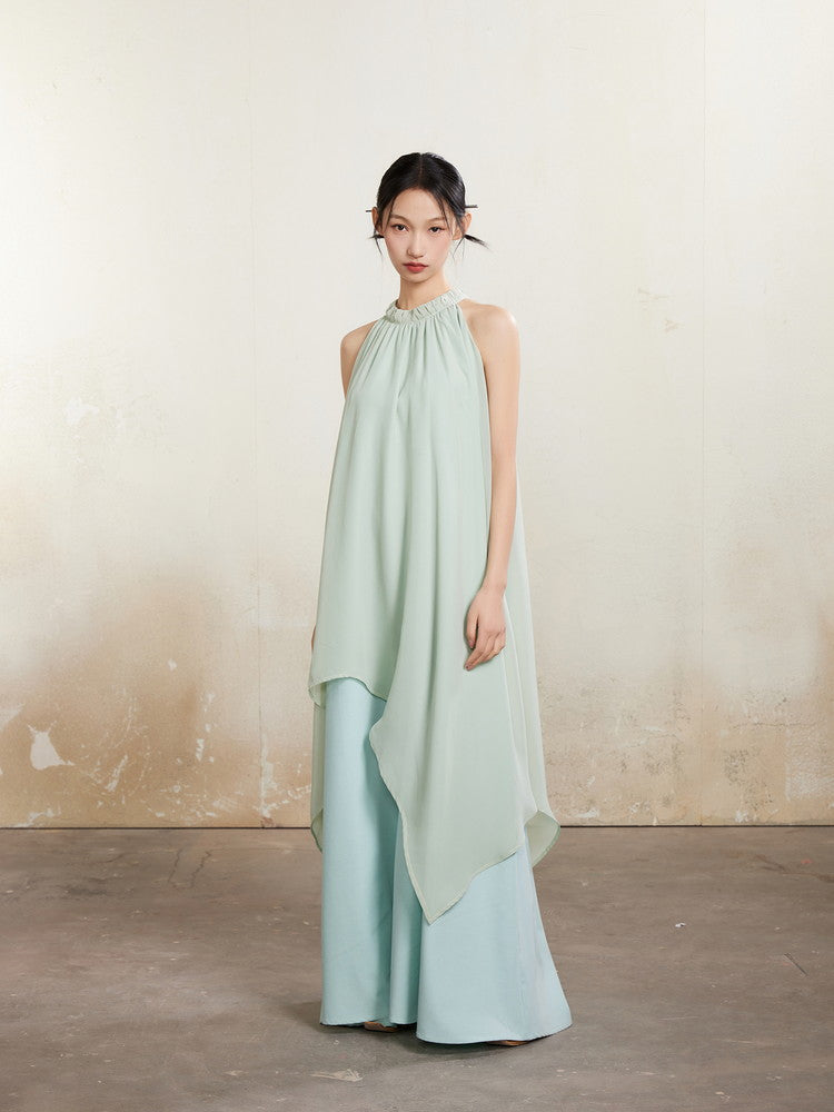 Refreshing American-Sleeve Long Layered Dlare Long Plain Dress