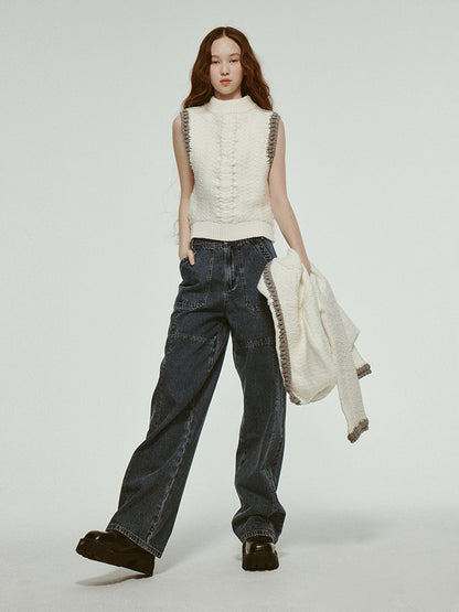 Stitch High-Waist Denim Straight Casual Loose Pants