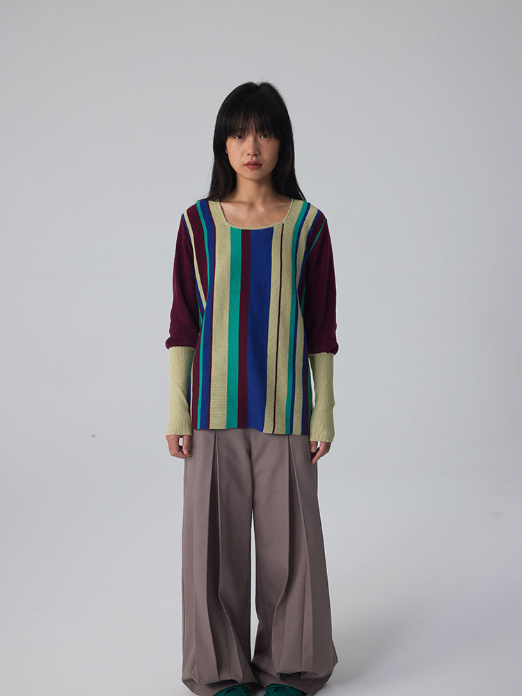 Long-Cuff Stripe Retro Chic Square-Neck Knit